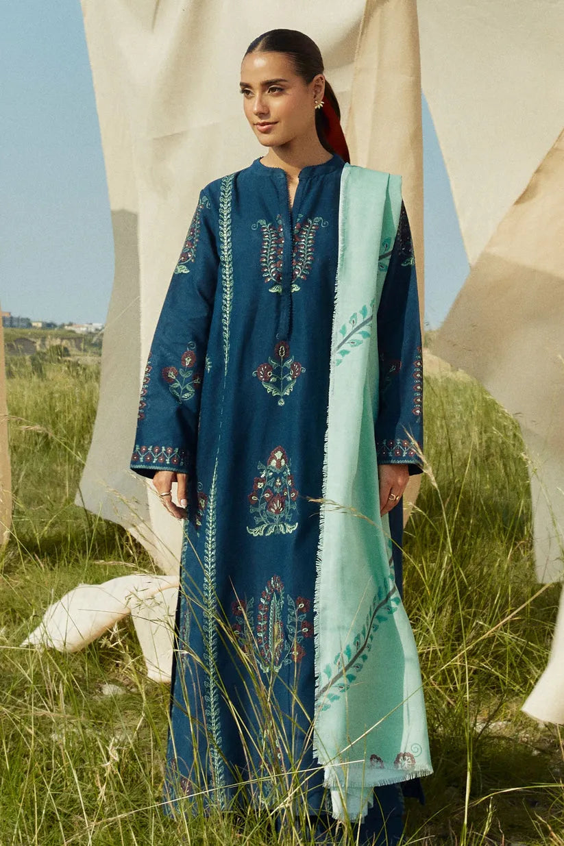 ZARA SHAHJAHAN- 3PC KHADAR EMBROIDERED SHIRT WITH KOTAIL PRINT SHAWL AND TROUSER-RP124