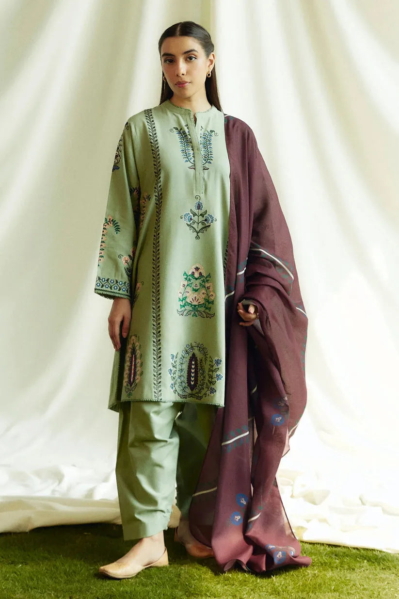 ZARA SHAHJAHAN- 3PC DHANAK EMBROIDERED SHIRT WITH KOTAIL PRINT SHAWL AND TROUSER-RP123