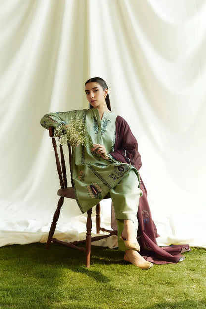 ZARA SHAHJAHAN- 3PC DHANAK EMBROIDERED SHIRT WITH KOTAIL PRINT SHAWL AND TROUSER-RP123