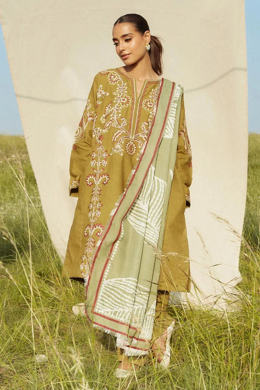 ZARA SHAHJAHAN- 3PC DHANAK EMBROIDERED SHIRT WITH KOTAIL PRINT SHAWL AND TROUSER-RP125