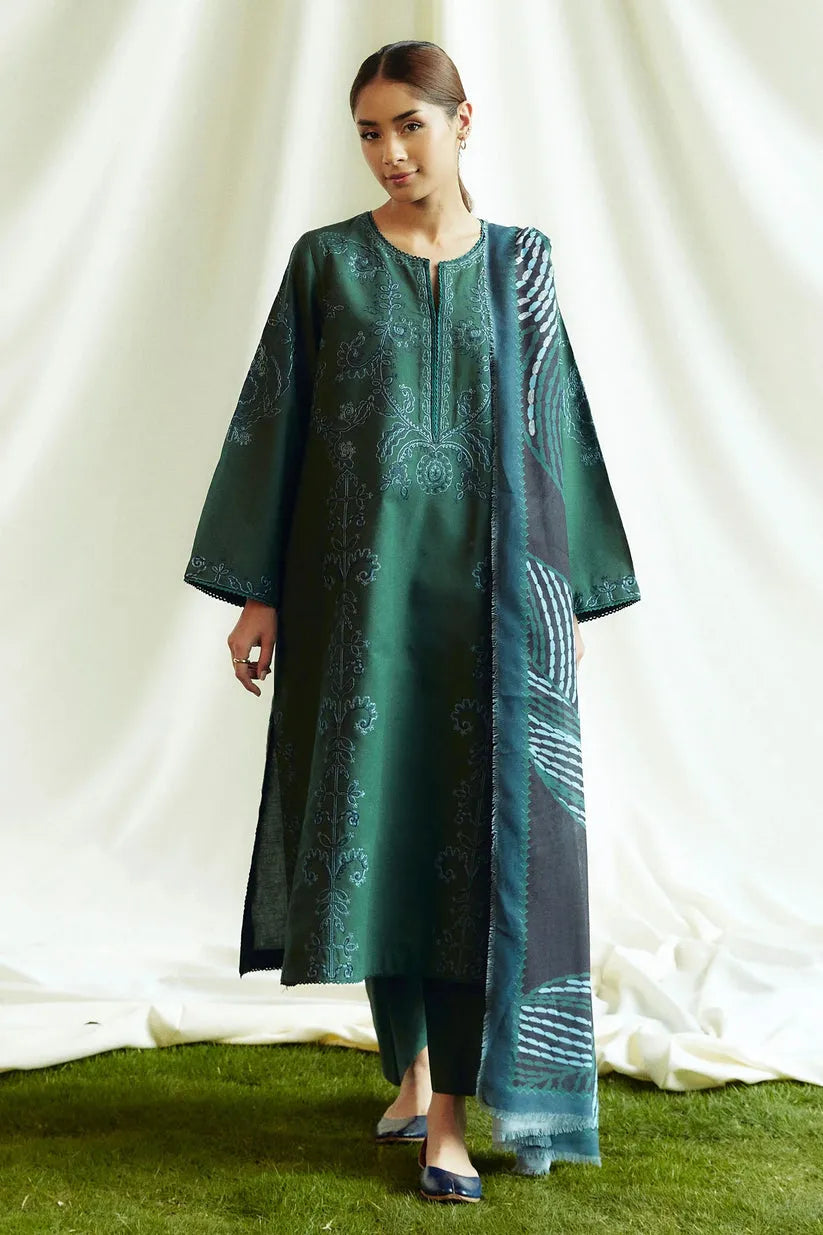 ZARA SHAHJAHAN- 3PC DHANAK EMBROIDERED SHIRT WITH KOTAIL PRINT SHAWL AND TROUSER-RP126