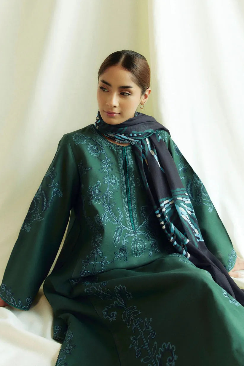 ZARA SHAHJAHAN- 3PC DHANAK EMBROIDERED SHIRT WITH KOTAIL PRINT SHAWL AND TROUSER-RP126