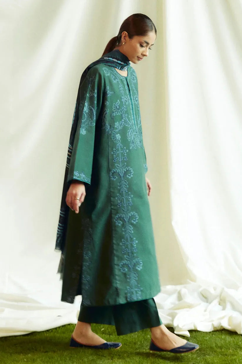 ZARA SHAHJAHAN- 3PC DHANAK EMBROIDERED SHIRT WITH KOTAIL PRINT SHAWL AND TROUSER-RP126