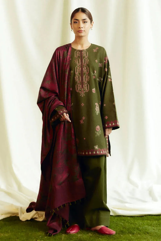 ZARA SHAHJAHAN- 3PC DHANAK EMBROIDERED SHIRT WITH KOTAIL PRINT SHAWL AND TROUSER-109