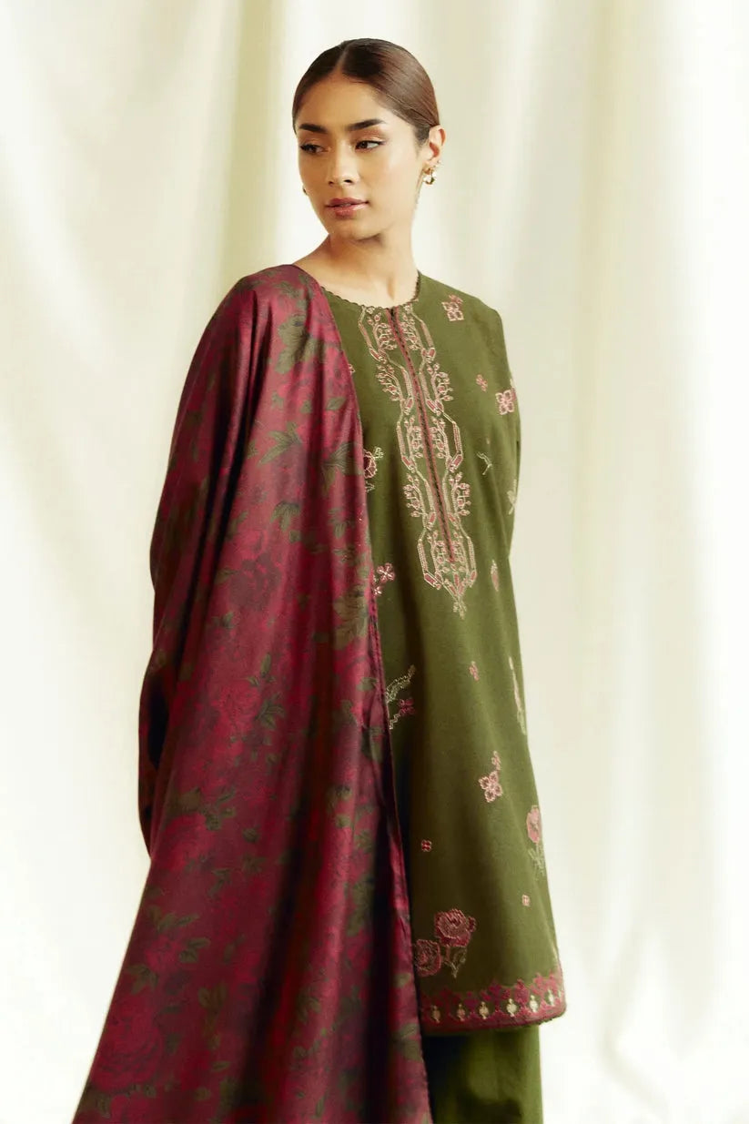 ZARA SHAHJAHAN- 3PC DHANAK EMBROIDERED SHIRT WITH KOTAIL PRINT SHAWL AND TROUSER-109