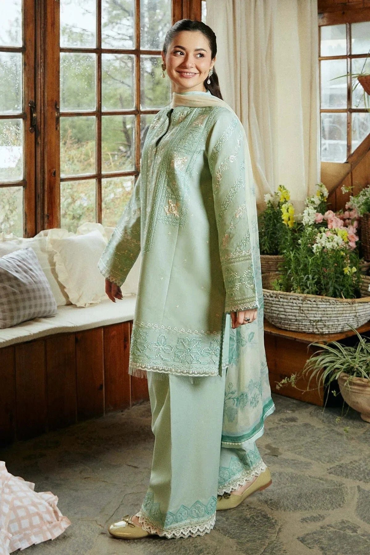 ZARA SHAHJAHAN LAWN 3PC - LAWN EMB SHIRT WITH MONARK PRINTED DUPATTA AND LAWN EMB TROUSER | RP-1019