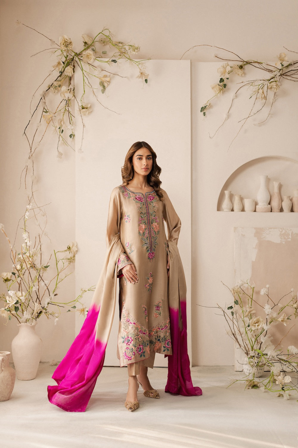 VINTAGE-3PC DHANAK EMBROIDERED SHIRT WITH TYE & DYE CHIFFON DUPATTA AND TROUSER-BIC-4169