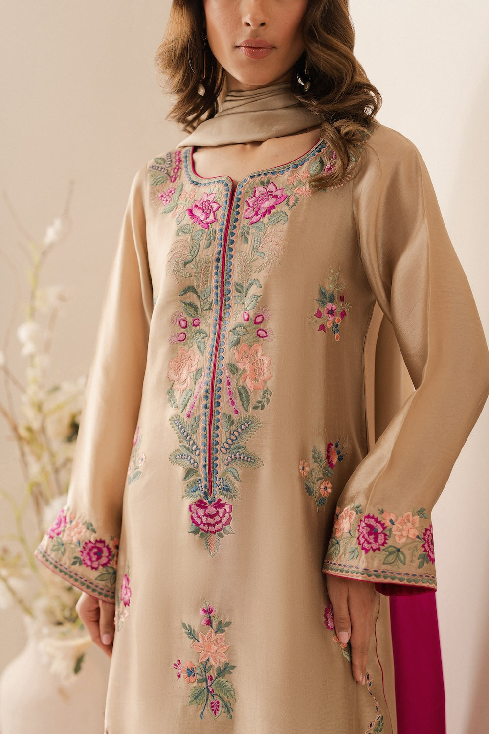 VINTAGE-3PC DHANAK EMBROIDERED SHIRT WITH TYE & DYE CHIFFON DUPATTA AND TROUSER-BIC-4169
