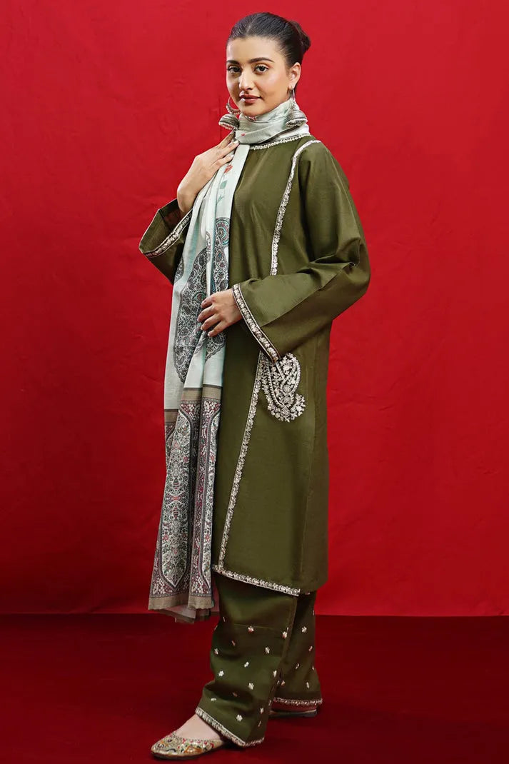 Urge- 3PC Dhanak Embroidered Shirt With Twil Print Wool Shawl & Trouser-RP-3361