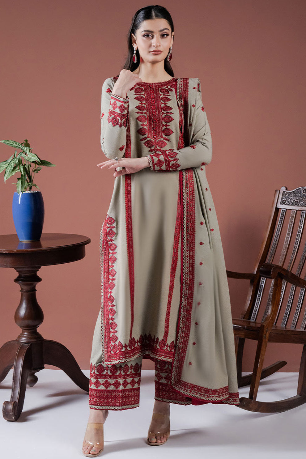 ASIM JOFA-3PC DHANAK EMBROIDERED SHIRT WITH DHANAK EMBROIDERED SHAWL AND EMB TROUSER-BIC-4001