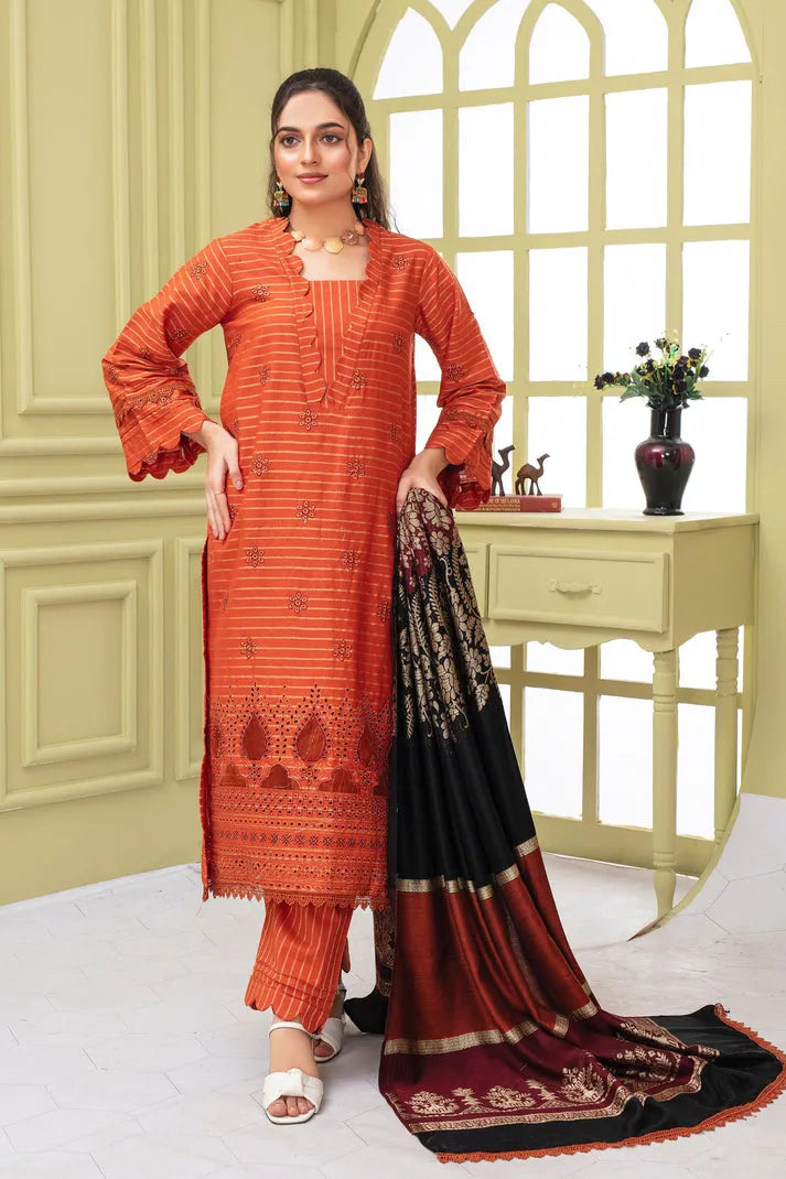 RANG PASAND-3PC KHADAR CUTWORK EMBROIDERED SHIRT WITH KASHMIRI JACQUARD WOOL SHAWL-RP-1504