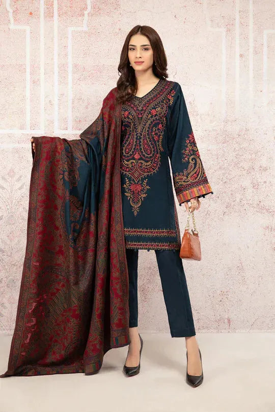 MARIA B-3PC DHANAK EMBROIDRED SHIRT WITH KOTAIL PRINT SHAWL AND TROUSER-RP139