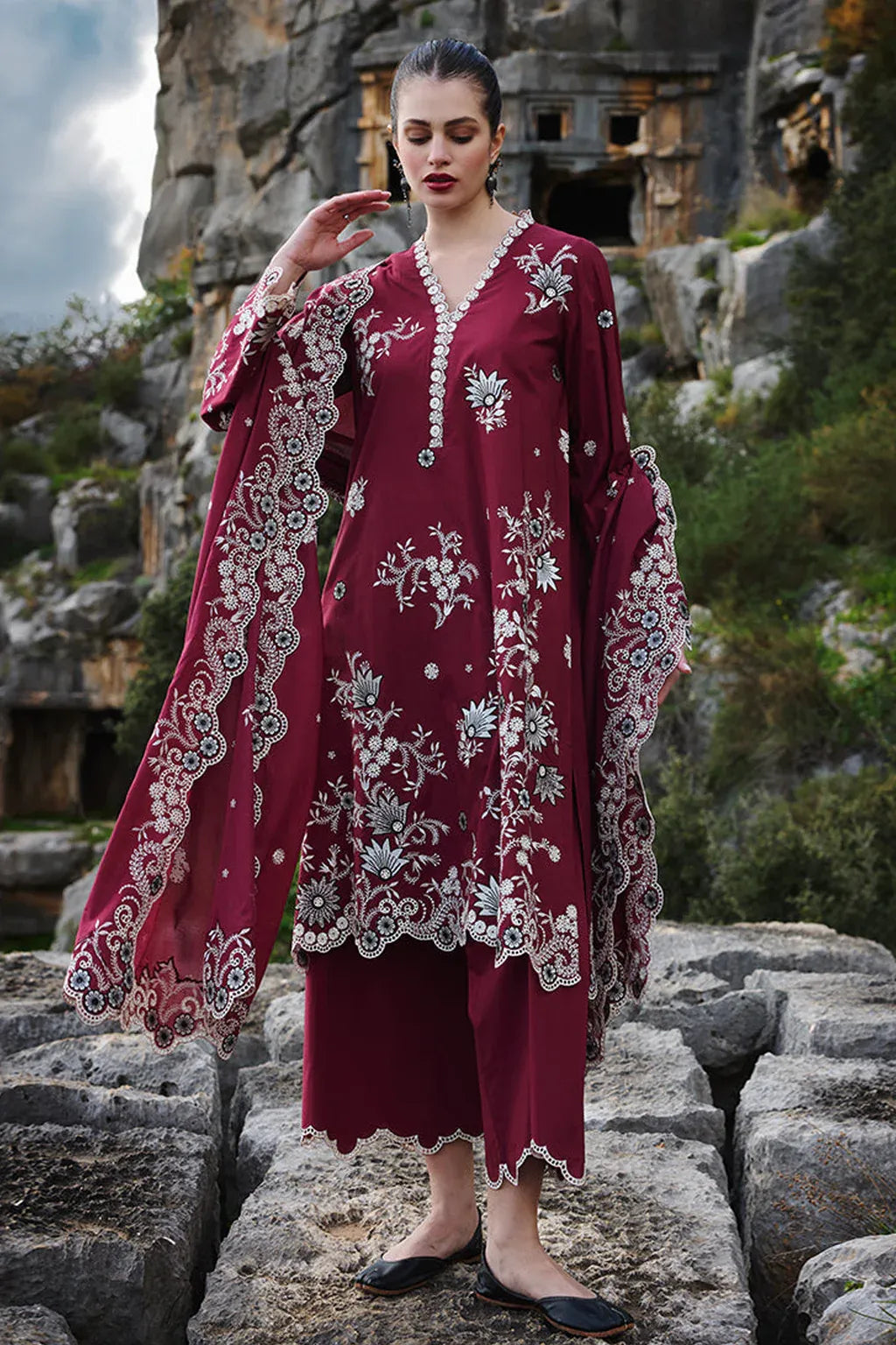 IMAGE-3PC LAWN EMBROIDERED SHIRT WITH KHADDI NET EMBROIDERED DUPATTA AND EMB TROUSER-RP-4545