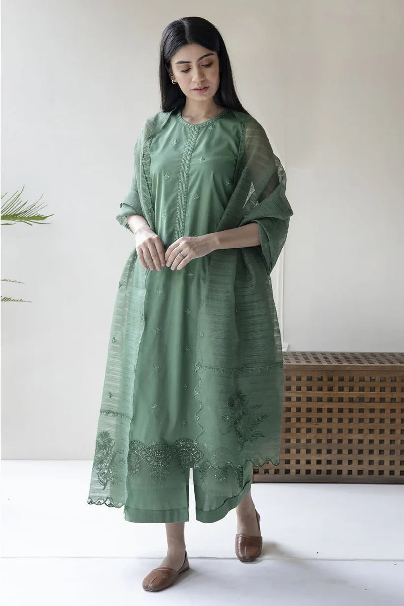DYOT LAWN 3PC - LAWN EMB SHIRT WITH ORGANZA EMB DUPATTA AND LAWN DYED TROUSER | RP-3615
