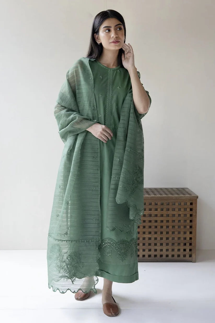 DYOT LAWN 3PC - LAWN EMB SHIRT WITH ORGANZA EMB DUPATTA AND LAWN DYED TROUSER | RP-3615