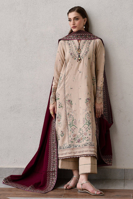 ZAIB-3PC DHANAK EMBROIDERED SHIRT WITH DHANAK EMBROIDERED SHAWL AND TROUSER-BIC-4345