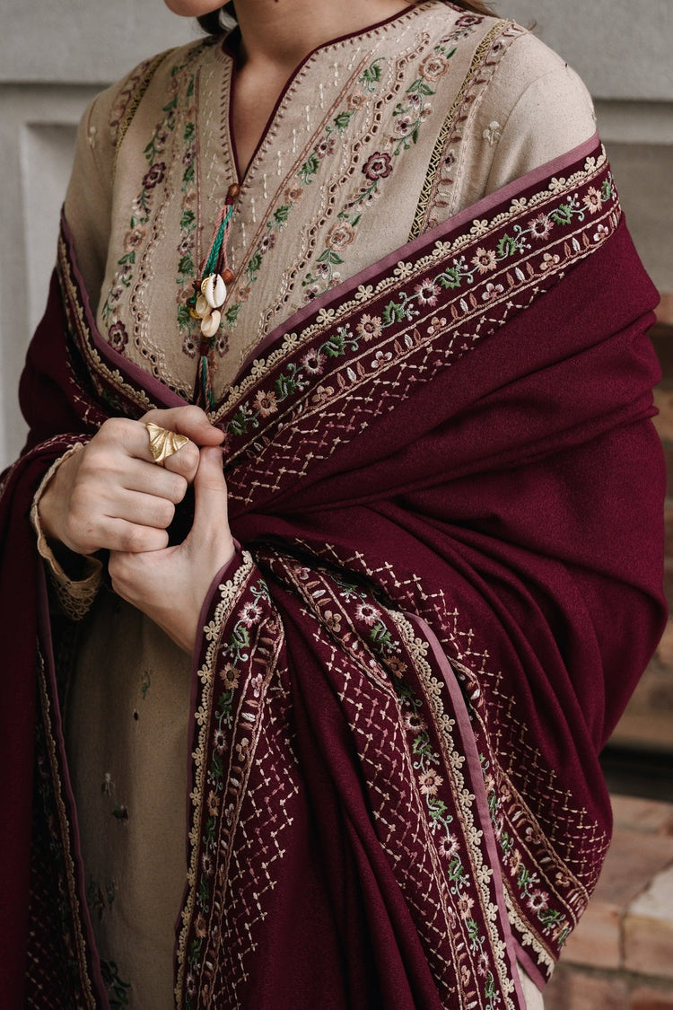 ZAIB-3PC DHANAK EMBROIDERED SHIRT WITH DHANAK EMBROIDERED SHAWL AND TROUSER-BIC-4345