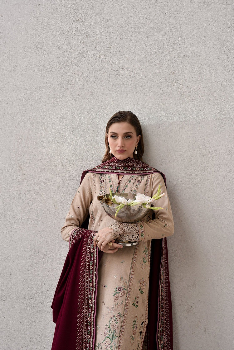 ZAIB-3PC DHANAK EMBROIDERED SHIRT WITH DHANAK EMBROIDERED SHAWL AND TROUSER-BIC-4345