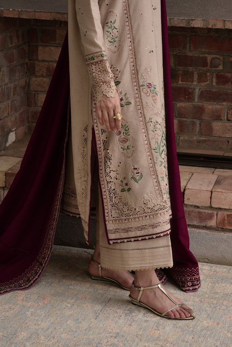 ZAIB-3PC DHANAK EMBROIDERED SHIRT WITH DHANAK EMBROIDERED SHAWL AND TROUSER-BIC-4345
