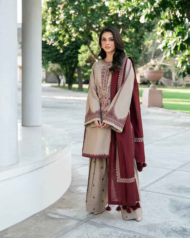 BAROQUE-3PC DHANAK EMBROIDERED SHIRT WITH DHANAK EMBROIDERED SHAWL AND EMB TROUSER-BIC-4320