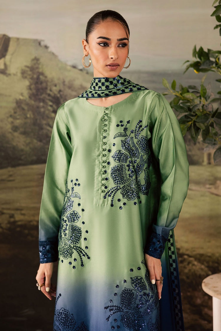 NUREH-3PC SHAMOZE SILK PRINTED EMBROIDERED SHIRT WITH SOFT SILK PRINTED EMB DUPATTA & TROUSER BIC-1736