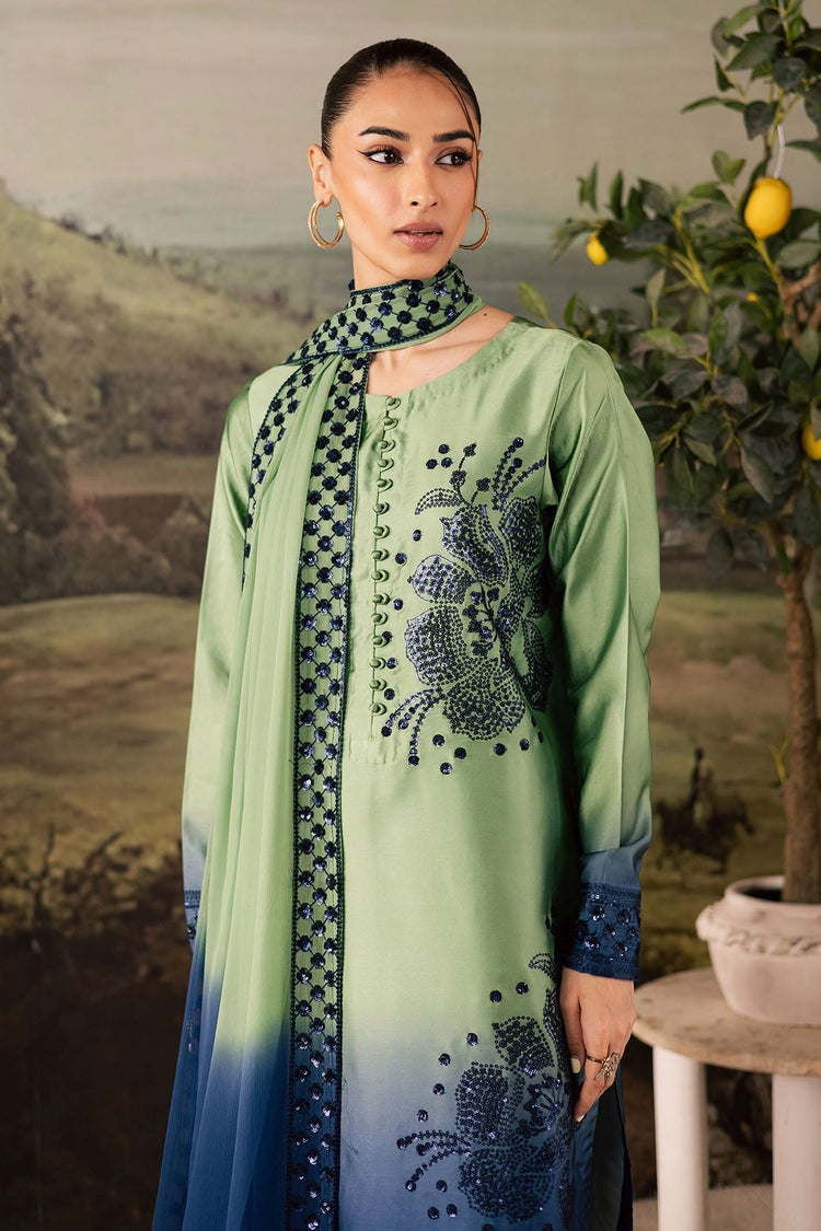 NUREH-3PC SHAMOZE SILK PRINTED EMBROIDERED SHIRT WITH SOFT SILK PRINTED EMB DUPATTA & TROUSER BIC-1736