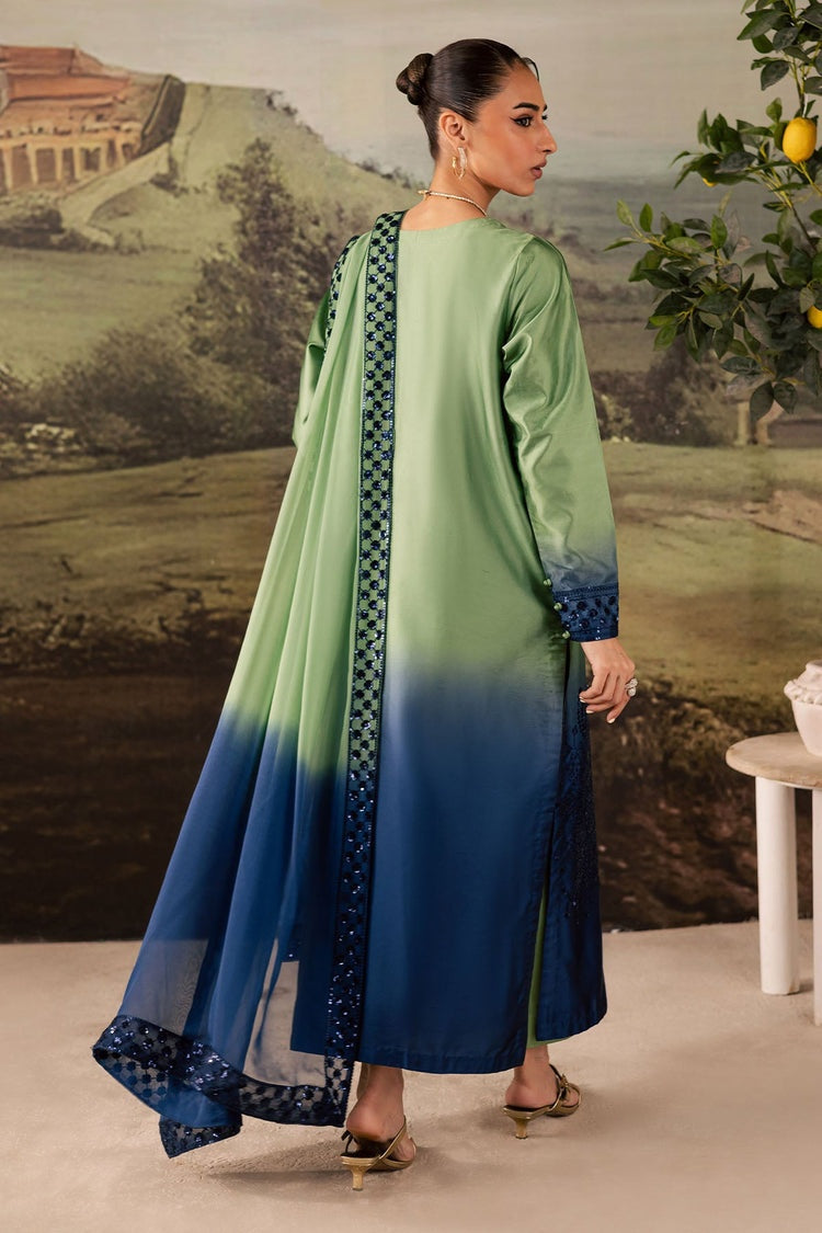 NUREH-3PC SHAMOZE SILK PRINTED EMBROIDERED SHIRT WITH SOFT SILK PRINTED EMB DUPATTA & TROUSER BIC-1736