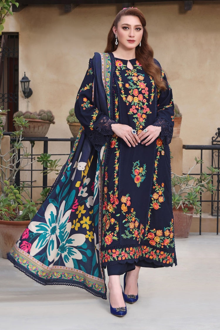 ASIM JOFA-3PC DHANAK EMBROIDERED SHIRT WITH COURTRAI PRINTED SHAWL & TROUSER-BIC-4316