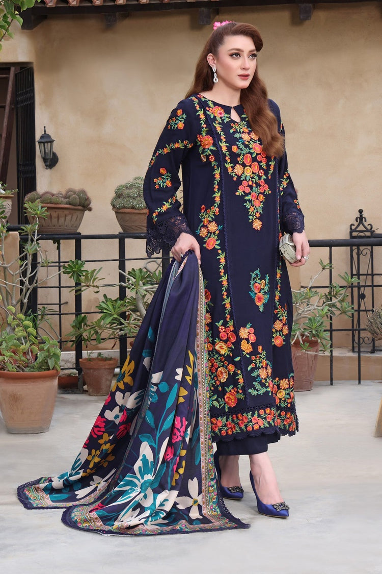 ASIM JOFA-3PC DHANAK EMBROIDERED SHIRT WITH COURTRAI PRINTED SHAWL & TROUSER-BIC-4316