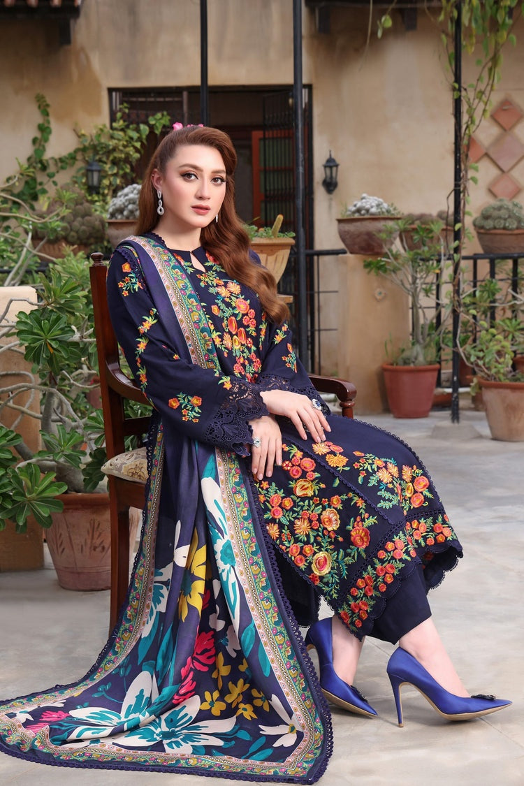 ASIM JOFA-3PC DHANAK EMBROIDERED SHIRT WITH COURTRAI PRINTED SHAWL & TROUSER-BIC-4316
