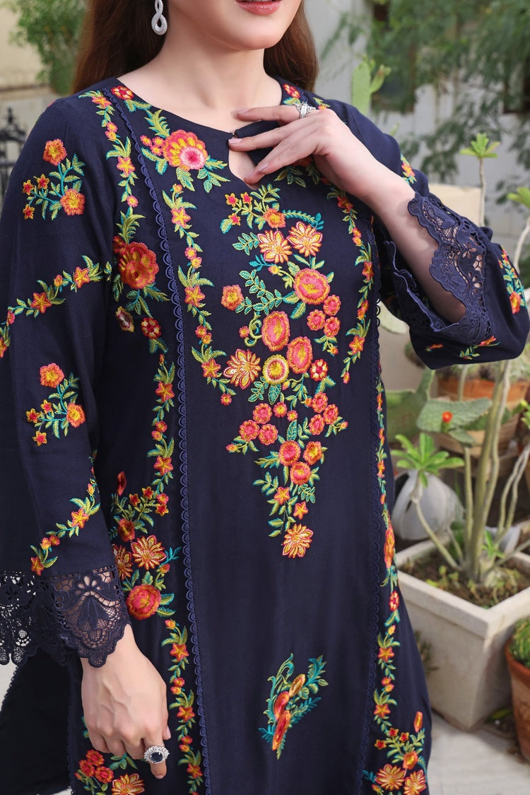 ASIM JOFA-3PC DHANAK EMBROIDERED SHIRT WITH COURTRAI PRINTED SHAWL & TROUSER-BIC-4316
