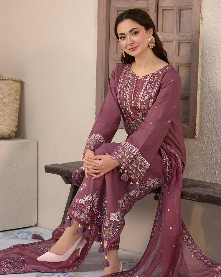 JADE-3PC DHANAK SEQUENCE EMBROIDERED SHIRT WITH DHANAK EMBROIDERED SHAWL AND TROUSER-BIC-4087