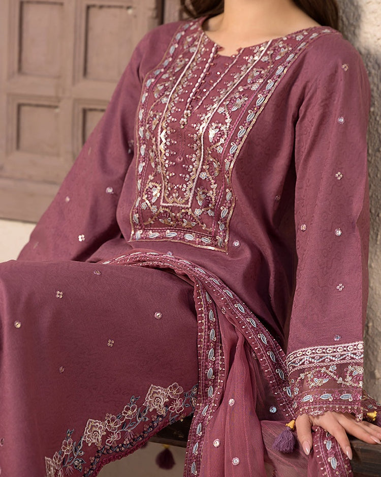 JADE-3PC DHANAK SEQUENCE EMBROIDERED SHIRT WITH DHANAK EMBROIDERED SHAWL AND TROUSER-BIC-4087