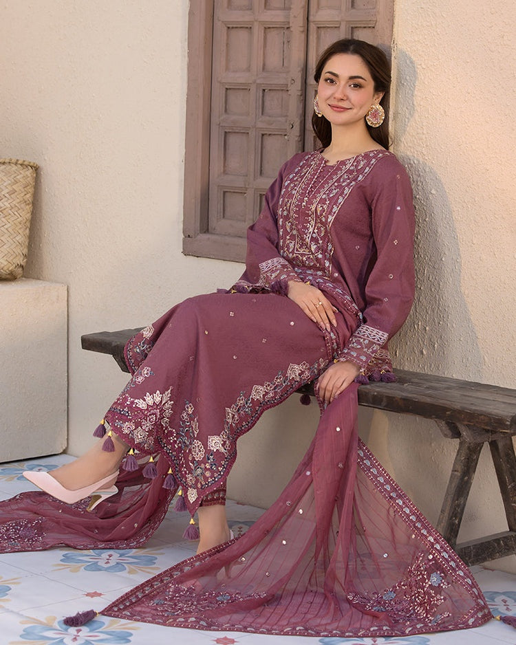 JADE-3PC DHANAK SEQUENCE EMBROIDERED SHIRT WITH DHANAK EMBROIDERED SHAWL AND TROUSER-BIC-4087
