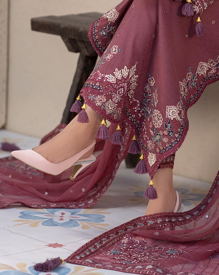 JADE-3PC DHANAK SEQUENCE EMBROIDERED SHIRT WITH DHANAK EMBROIDERED SHAWL AND TROUSER-BIC-4087