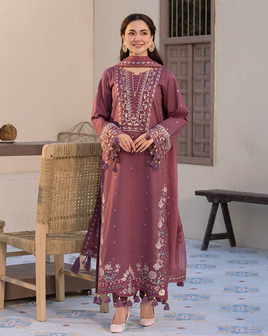 JADE-3PC DHANAK SEQUENCE EMBROIDERED SHIRT WITH DHANAK EMBROIDERED SHAWL AND TROUSER-BIC-4087