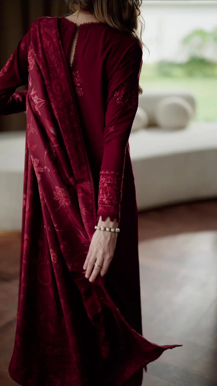 BATIK-3PC DHANAK EMBROIDERED SHIRT WITH COURTRAI PRINTED SHAWL & TROUSER-BIC-4334