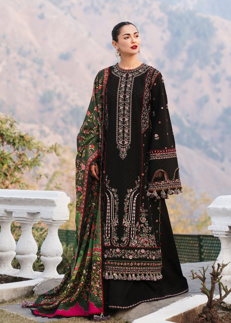 HUSSAIN REHAR-3PC DHANAK EMBROIDERED SHIRT WITH COURTRAI PRINTED SHAWL AND TROUSER-BIC-4261
