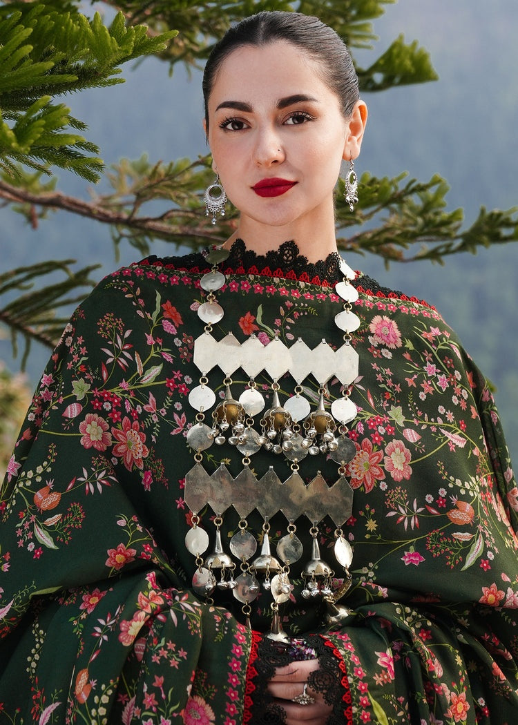 HUSSAIN REHAR-3PC DHANAK EMBROIDERED SHIRT WITH COURTRAI PRINTED SHAWL AND TROUSER-BIC-4261