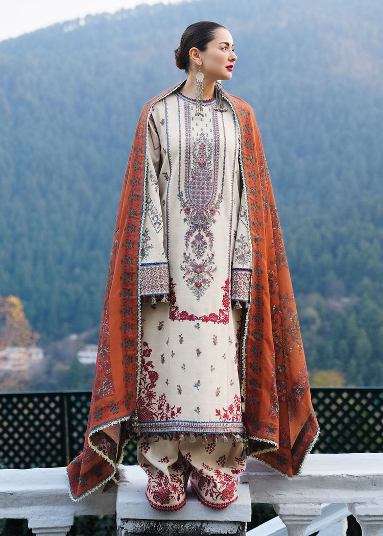 HUSSAIN REHAR-3PC DHANAK EMBROIDERED SHIRT WITH COURTRAI PRINTED SHAWL AND TROUSER-BIC-4260