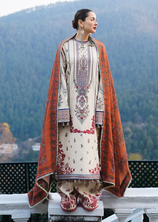 HUSSAIN REHAR-3PC DHANAK EMBROIDERED SHIRT WITH COURTRAI PRINTED SHAWL AND TROUSER-BIC-4260
