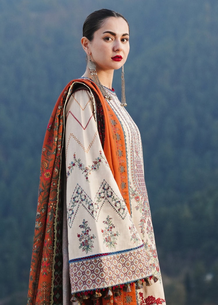 HUSSAIN REHAR-3PC DHANAK EMBROIDERED SHIRT WITH COURTRAI PRINTED SHAWL AND TROUSER-BIC-4260