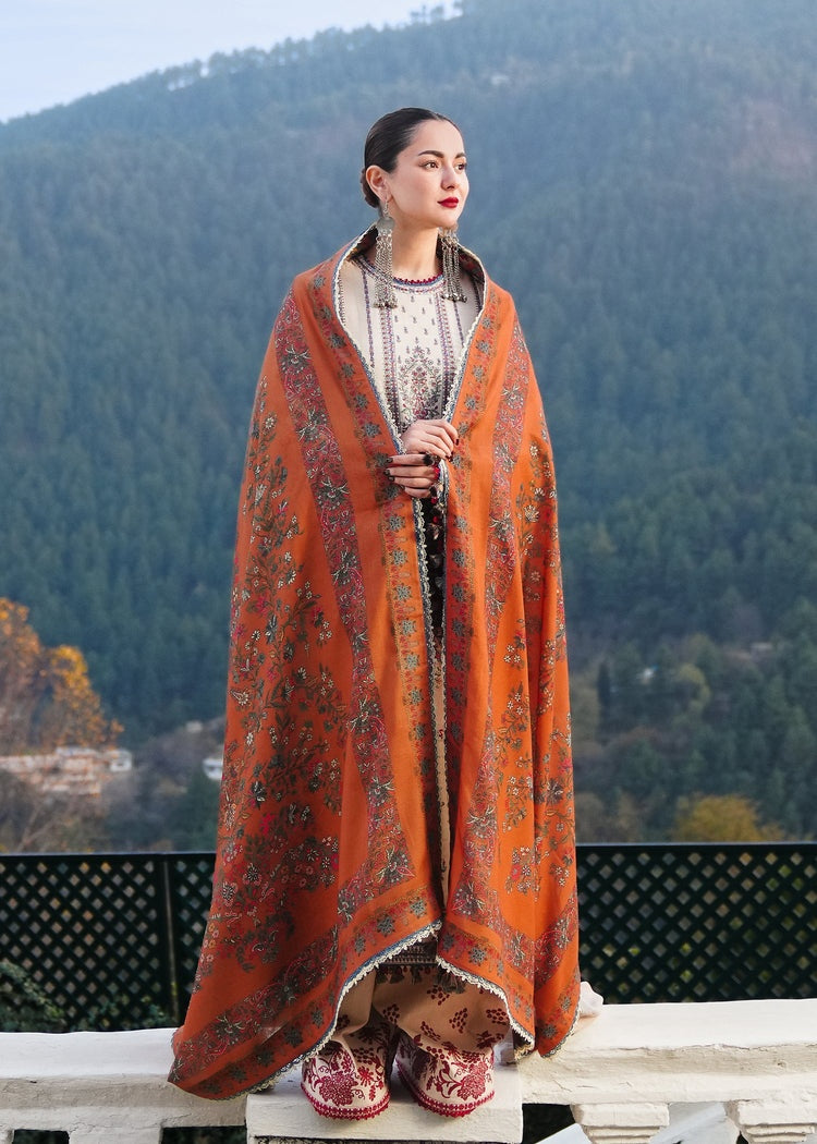 HUSSAIN REHAR-3PC DHANAK EMBROIDERED SHIRT WITH COURTRAI PRINTED SHAWL AND TROUSER-BIC-4260