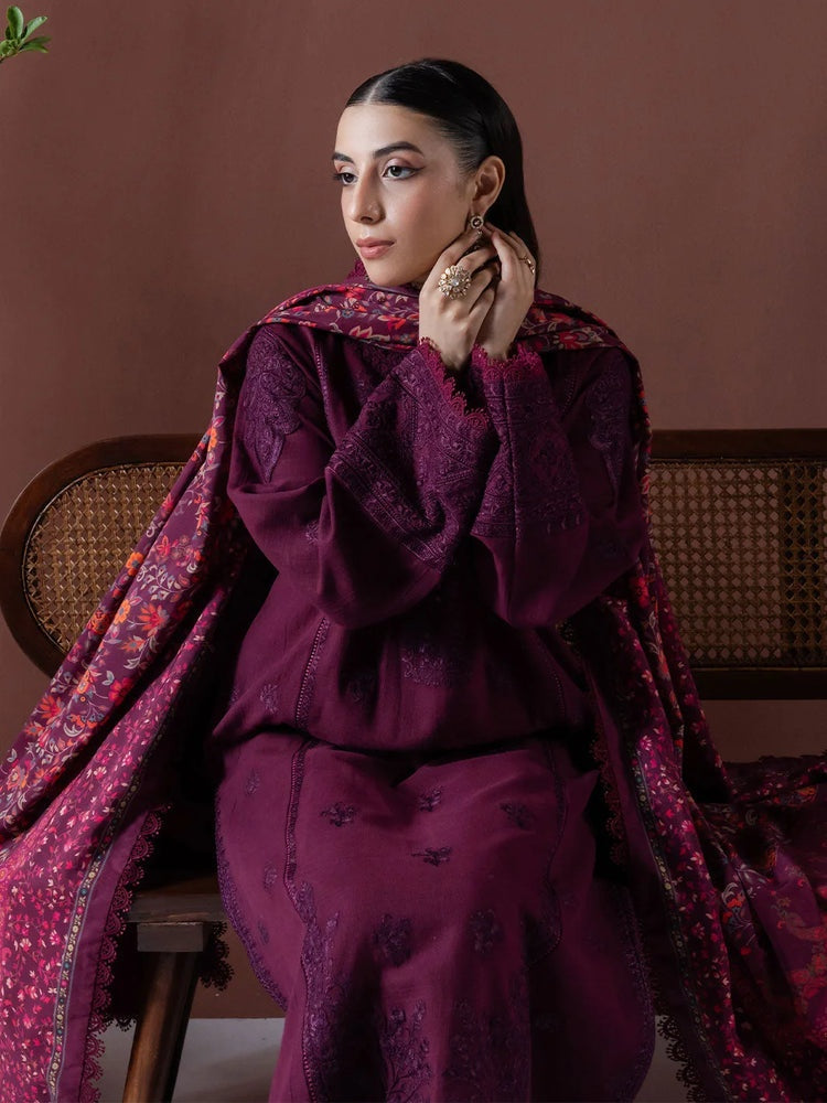 ASIM JOFA-3PC DHANAK EMBROIDERED SHIRT WITH COURTRAI PRINTED SHAWL & TOUSER-BIC-4219