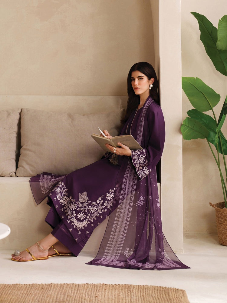 GARNET-3PC DHANAK EMBROIDERED SHIRT WITH COURTRAI PRINTED SHAWL AND TROUSER-BIC-4305