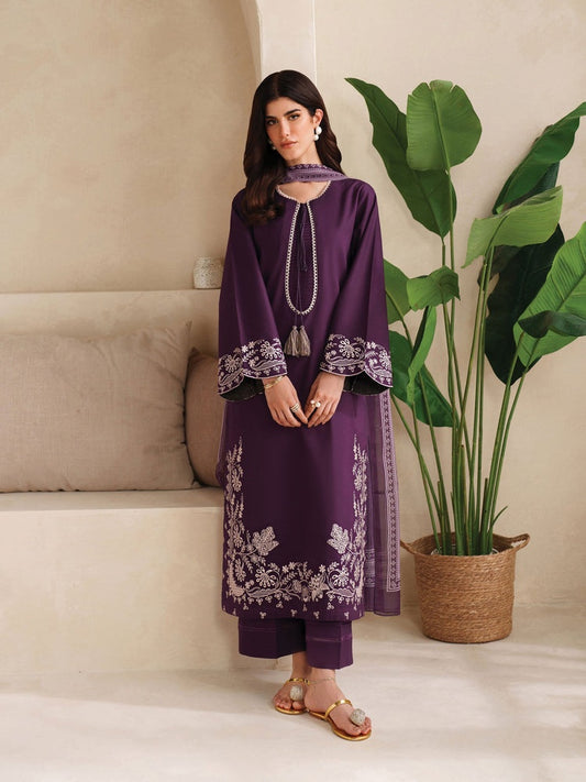 GARNET-3PC DHANAK EMBROIDERED SHIRT WITH COURTRAI PRINTED SHAWL AND TROUSER-BIC-4305