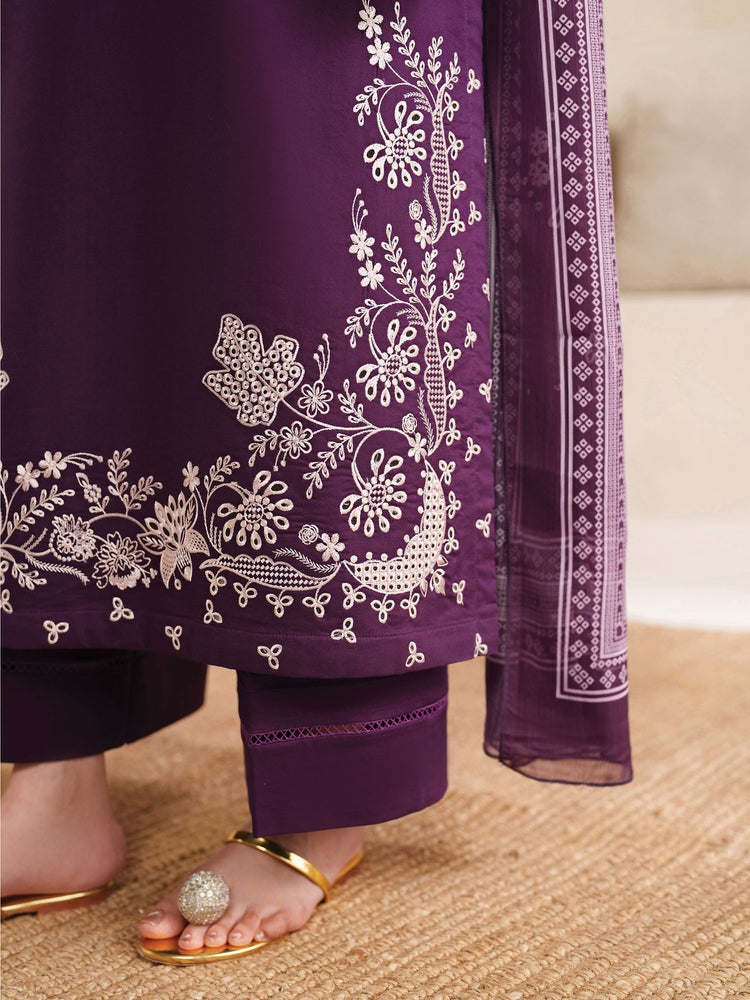 GARNET-3PC DHANAK EMBROIDERED SHIRT WITH COURTRAI PRINTED SHAWL AND TROUSER-BIC-4305