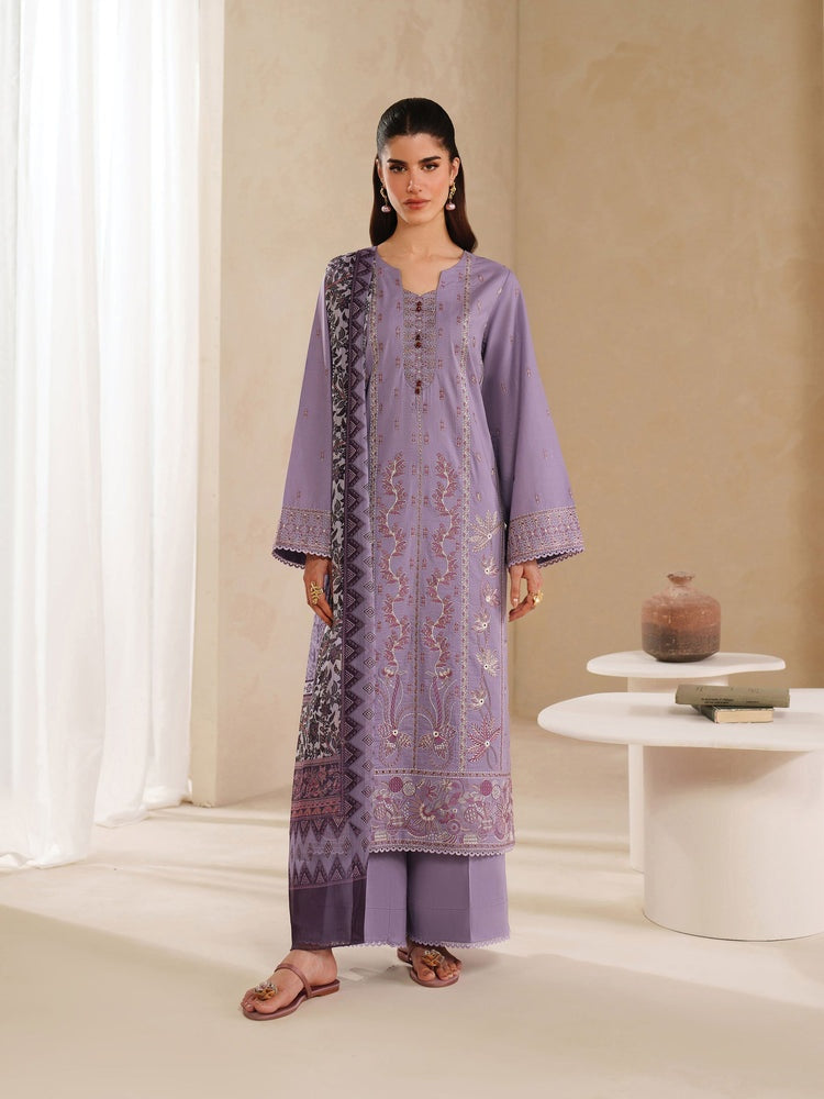 GARNET-3PC DHANAK EMBROIDERED SHIRT WITH COURTRAI PRINTED SHAWL AND TROUSER-BIC-4295