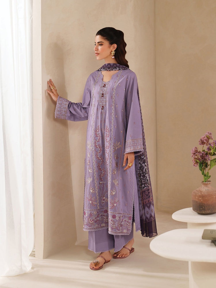 GARNET-3PC DHANAK EMBROIDERED SHIRT WITH COURTRAI PRINTED SHAWL AND TROUSER-BIC-4295