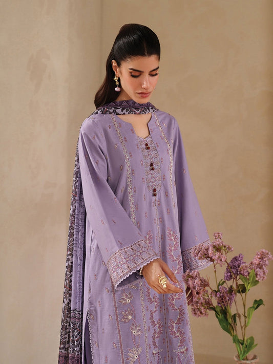 GARNET-3PC DHANAK EMBROIDERED SHIRT WITH COURTRAI PRINTED SHAWL AND TROUSER-BIC-4295